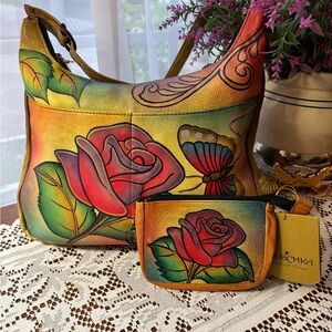 Anuschka Rose & Butterfly Hand-Painted Shoulder Bag & Coin Purse NWT